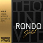 The image shows packaging for Thomastik-Infeld Vienna Rondo Gold viola strings, RG200 medium gauge with a synthetic core. The design features black and gold colors with bold and elegant text.