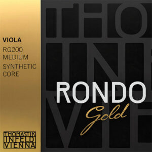 The image shows packaging for Thomastik-Infeld Vienna Rondo Gold viola strings, RG200 medium gauge with a synthetic core. The design features black and gold colors with bold and elegant text.