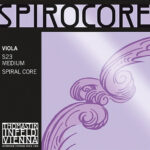 The image shows a package for Thomastik-Infeld Spirocore viola strings, S23 medium with spiral core. The design features a lavender background with a spiral illustration and product information in black and white text.