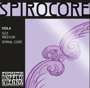 The image shows a package for Thomastik-Infeld Spirocore viola strings, S23 medium with spiral core. The design features a lavender background with a spiral illustration and product information in black and white text.