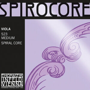 The image shows a package for Thomastik-Infeld Spirocore viola strings, S23 medium with spiral core. The design features a lavender background with a spiral illustration and product information in black and white text.