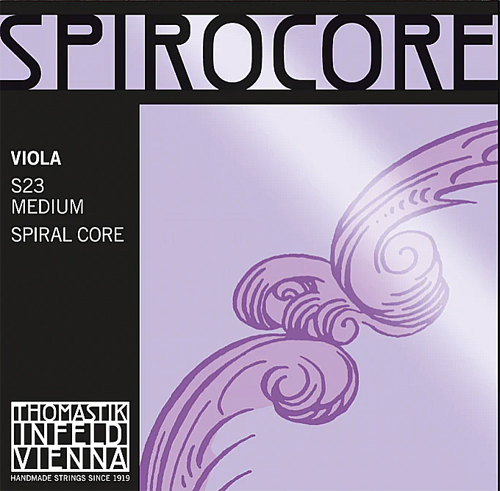 The image shows a package for Thomastik-Infeld Spirocore viola strings, S23 medium with spiral core. The design features a lavender background with a spiral illustration and product information in black and white text.