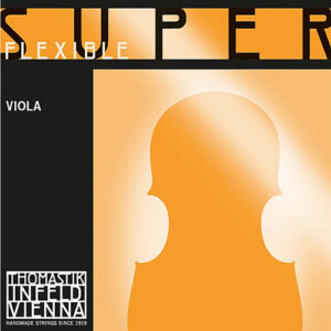 An orange and black package labeled "SUPER FLEXIBLE" for viola strings, featuring a silhouette of a viola and the Thomastik-Infeld Vienna logo, with the text "Handmade strings since 1919" at the bottom.