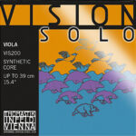 A product box labeled "VISION SOLO" for Thomastik-Infeld Vienna viola strings, with stylized images of flying birds and swimming dolphins against a gradient orange and blue background. Text details string type and size.