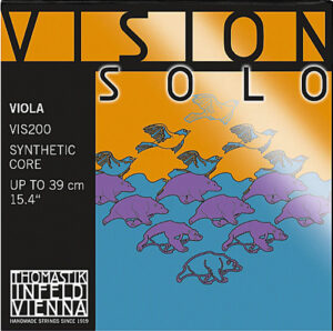A product box labeled "VISION SOLO" for Thomastik-Infeld Vienna viola strings, with stylized images of flying birds and swimming dolphins against a gradient orange and blue background. Text details string type and size.