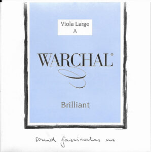 A product label for Warchal Brilliant Viola Large A string, featuring a light blue square with black and white text. The handwritten phrase "sound fascinates us" appears at the bottom.
