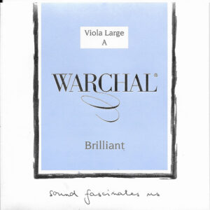 A product label for Warchal Brilliant Viola Large A string, featuring a light blue square with black and white text. The handwritten phrase "sound fascinates us" appears at the bottom.
