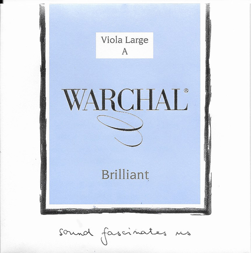 A product label for Warchal Brilliant Viola Large A string, featuring a light blue square with black and white text. The handwritten phrase "sound fascinates us" appears at the bottom.