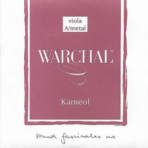 A package for Warchal Karneol viola A/metal strings is shown. The text "sound fascinates us" is handwritten at the bottom of the image. The design features a pink and white color scheme.