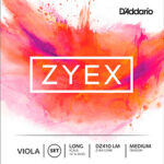 A square package with a pink, orange, and red watercolor background features the word "ZYEX" in bold white letters. The package is labeled for D'Addario viola strings, long scale, set DZ410 LM, medium tension.