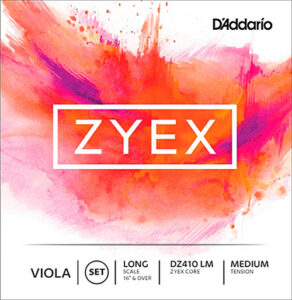 A square package with a pink, orange, and red watercolor background features the word "ZYEX" in bold white letters. The package is labeled for D'Addario viola strings, long scale, set DZ410 LM, medium tension.