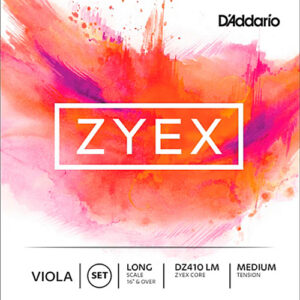 A square package with a pink, orange, and red watercolor background features the word "ZYEX" in bold white letters. The package is labeled for D'Addario viola strings, long scale, set DZ410 LM, medium tension.