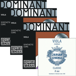Four packages of Dominant C, G, D viola strings are displayed behind one Jargar A Classic medium viola string, which features a blue design and text on a white background.