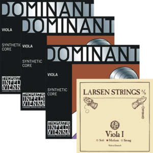 Four packages of Dominant C & G Silver, D Aluminum strings and one Larsen A viola string are displayed, with bold labels showing string types and visible brand logos on each package.