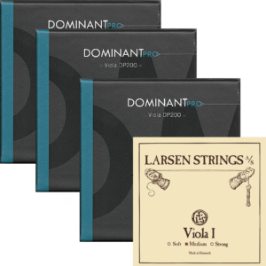 Four packs of Dominant Pro C, G, and D viola strings are lined up behind one cream-colored pack of Larsen A strings.