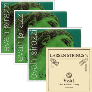Three packs of Evah Pirazzi C, G, D strings overlap on the left, beside a single Larsen A viola string pack with beige background and black text on the right.