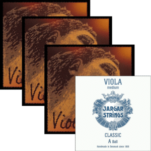 Four packs of Evah Pirazzi Gold C, G, D and Jargar A viola strings. Three feature vintage-style artwork; the fourth has a blue ornate logo on white with text: "CLASSIC A Ball Handmade in Denmark since 1956.