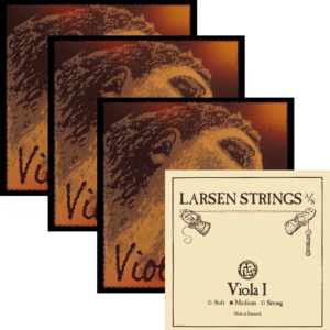 Four packages of Evah Pirazzi Gold C, G, D, and Larsen A strings are shown overlapping with sepia-toned artwork of a face. One fully visible package displays the brand, string type, and tension options.