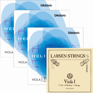 The image shows packages for Helicore C, G, and D viola strings in blue overlapping in the background, with a Larsen A viola string package with a beige background in the foreground.