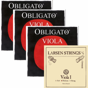 Three packs of Obligato C, G, D with Larsen A viola strings are arranged behind a Larsen Strings viola I package; the Obligato packs feature black and red designs, while the Larsen pack is beige.