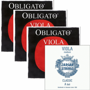 Three packets of Obligato C, G, D strings in black and red are next to a white Jargar A viola string packet with blue text and logo.