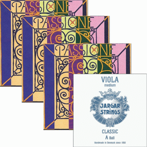 Four Passione C, G, D with Jargar A string packages with ornate designs are arranged behind a single white Jargar Strings Classic viola string package featuring blue text and graphics.