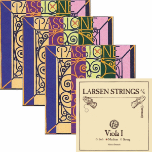 Four Passione C, G, D string packages from Pirastro overlap in the background, while a Larsen Strings "Viola I" package with string tension options is displayed in front.