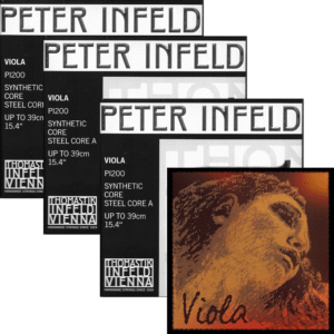 Four packs of Peter Infeld C, G, D and Evah Pirazzi Gold A viola strings are fanned out. At the lower right is a classical-style woman's face with "Viola" written next to it.