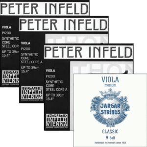 Four Peter Infeld C, G, D viola string packages are stacked on the left, while a single Jargar A viola string package is on the right. Both products are labeled for viola use.