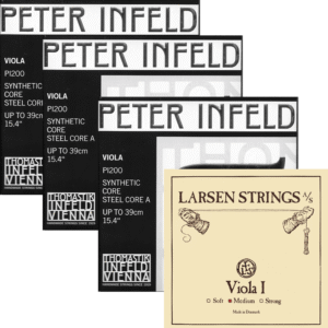 Four packs of Peter Infeld C, G, D viola strings in black and white are fanned out, with a yellow Larsen A "Viola I" pack showing soft/medium/strong tension options displayed in front.