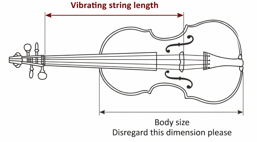 Diagram of a violin with arrows showing “Vibrating string length” from the nut to the bridge and “Body size” across the body; note says to disregard the body size dimension.