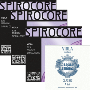 Four packages of Spirocore C, G, D (all Chrome) viola strings are stacked behind one package of Jargar A Classic Ball medium viola string.