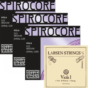 Four packages of Spirocore Tungsten C, Silver G, Larsen D and A viola strings are shown behind one Larsen D and A pack that displays soft, medium, and strong tension options.