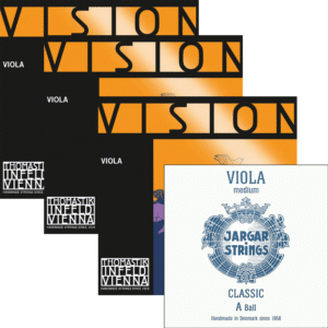 Four packs of Vision C, G, D viola strings (orange/black) are arranged behind one white and blue Jargar Classic A viola string pack.