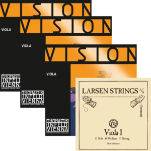 Four Vision C, G, D viola string packages with orange and black designs are displayed behind a single Larsen A string package, which is beige with black text and small illustrations.