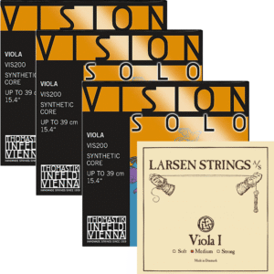 Four packs of Vision Solo C, G, D synthetic core viola strings (for violas up to 39 cm) are shown next to a Larsen A pack with soft, medium, and strong Viola I strings.
