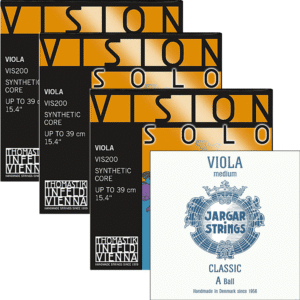 Five viola string packages are shown: Vision Solo (C, G, D) by Thomastik-Infeld Vienna featuring synthetic core and Jargar A (Viola Medium Classic Ball).