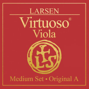 Red square packaging with gold text that reads "Larsen Virtuoso Viola" above a circular logo. Below, it says "Medium Set • Original A" in smaller gold lettering.