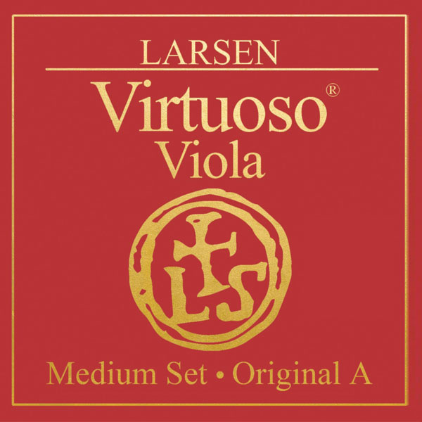 Red square packaging with gold text that reads "Larsen Virtuoso Viola" above a circular logo. Below, it says "Medium Set • Original A" in smaller gold lettering.