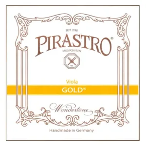 Square product label for Pirastro viola gold strings, featuring decorative borders, the Pirastro logo, and text that reads "Viola GOLD," "Handmade in Germany," and "Wundertone" in script font.